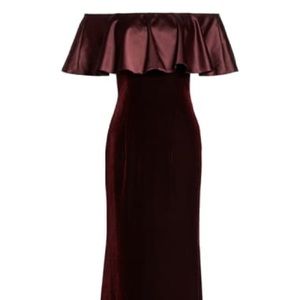 Dark-Wine Velvet Off-Shoulder Floor-Length Gown